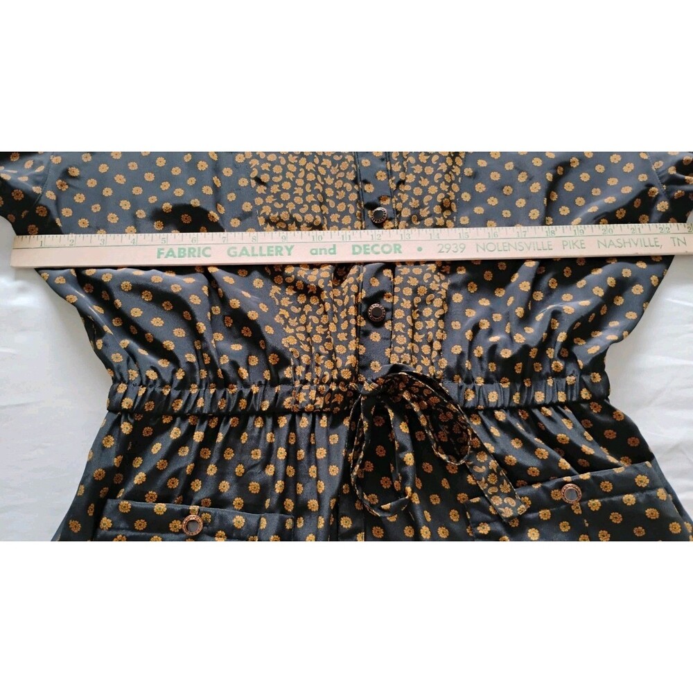 Vtg 80s Leslie Fay Midi Dress Women's Black Brown Paisley Tie Front Secretary 14 - Picture 11 of 15
